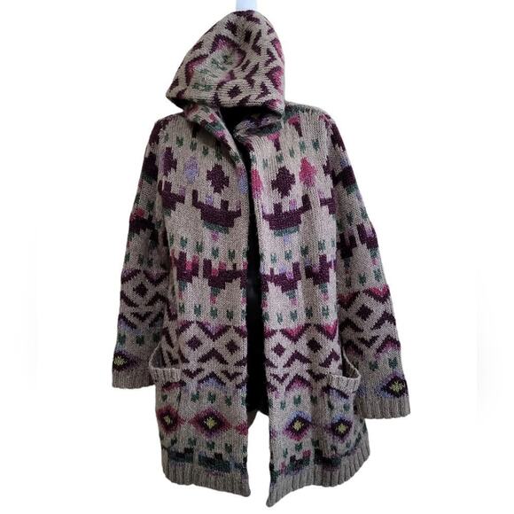 J.Jill Lenox Long Hooded Open Cardigan Sweater Aztec Wool Blend Sz Small Petite - Picture 3 of 10
